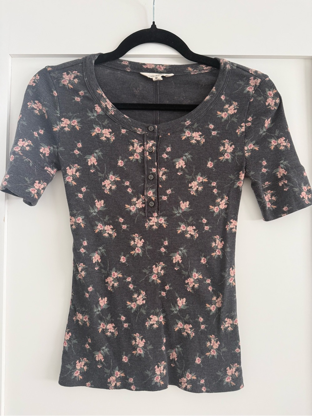 Lucky Brand Charcoal Short Sleeve Henley with Pink Floral Print